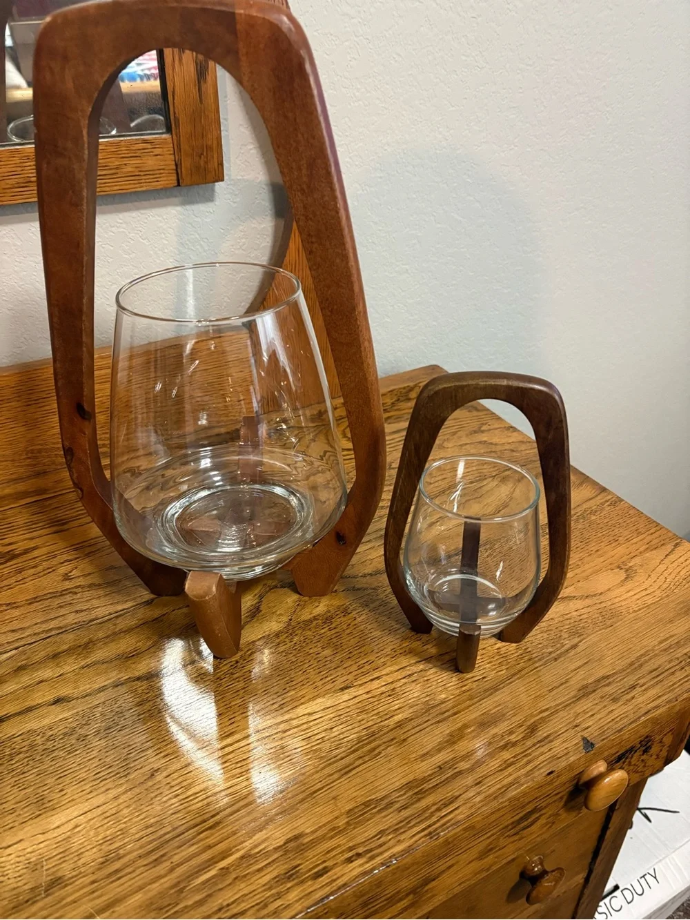 West Elm Walnut Mid central modern Lanterns - Brown and Clear